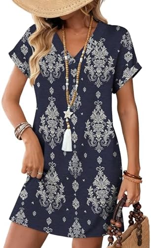 A relaxed v-neck tshirt dress in our deep navy ethnic print, cut with cuffed short sleeves and deep side pockets for summer days.