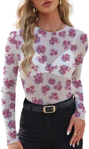 Airy mesh blooms with an allover rose floral print, cut in a sheer long sleeve silhouette with generous built-in stretch.