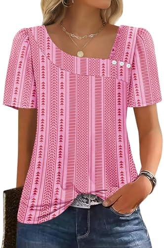 Vibrant hot pink stripes bring a sunny pop of color to this square-neck summer top with neat button details and puff sleeves.