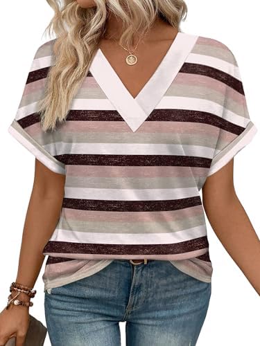 Woven with thin purple stripes, this breezy knit tee combines a clean V-neckline with cuffed short sleeves for warm days.