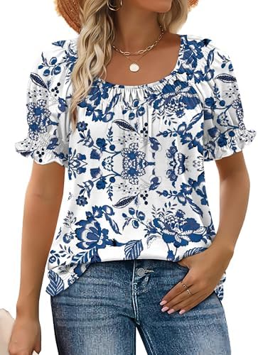 A relaxed summer blouse in blue floral with a wide ruched neckline and gentle smocked ruffle sleeves.
