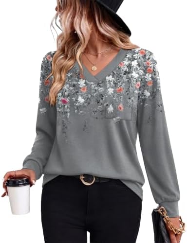 Muted grey petals drift across this soft long-sleeve knit, cut with a relaxed drape and an open V-neckline.