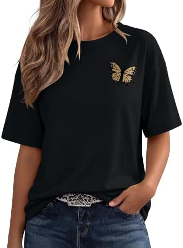 Crisp butterfly artwork across deep black makes this easy crewneck tee a natural match for denim shorts on warm afternoons.