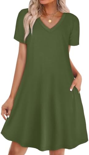 A soft olive green t-shirt dress with short sleeves, a classic V-neck, and deep side pockets cut for warm afternoons.