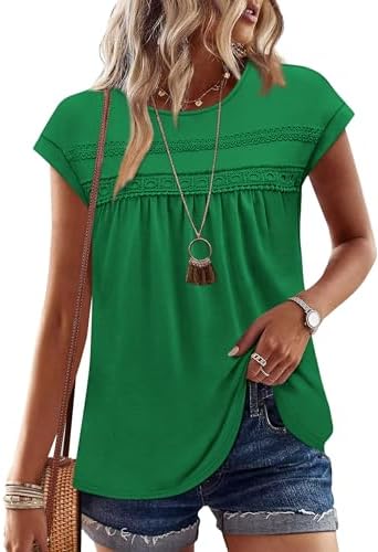 Delicate crochet lace trims the cap sleeves of this green summer top, finished with a flowy peplum hem.