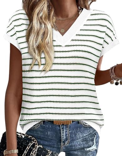 A crisp green and white striped knit sweater vest with a relaxed cut and open crochet texture for warm sunny days.