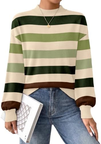 Crisp green stripes run across this soft knit sweater, finished with a neat mock neck and subtle puff sleeves.