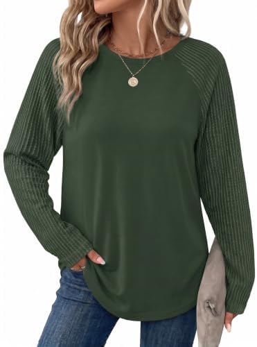 Ribbed raglan sleeves meet smooth lightweight knit in a fresh green pullover cut long enough for full hip coverage.