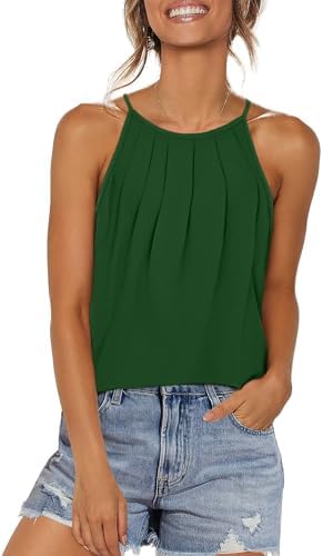 A soft halter tank in fresh green, cut loose through the torso with neat front pleats and a gentle curved hem.