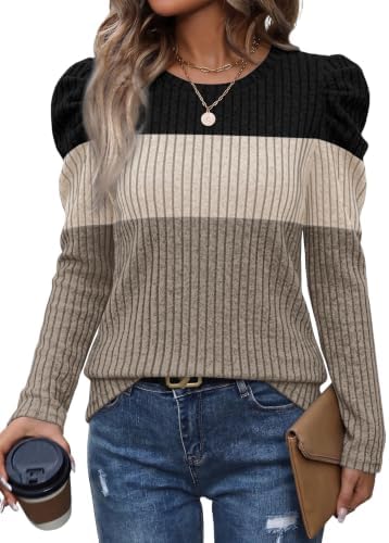 Warm coffee and black paneling balance apricot accents across this lightweight long sleeve knit top.