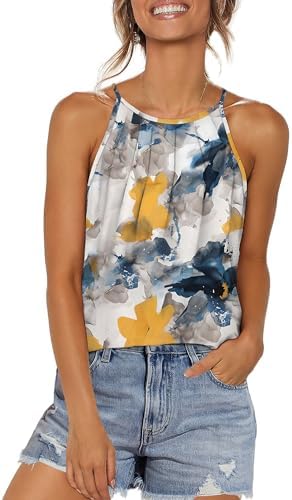 Thin spaghetti straps and rich multi teal tones give this pleated halter tank a breezy feel for hot afternoons.