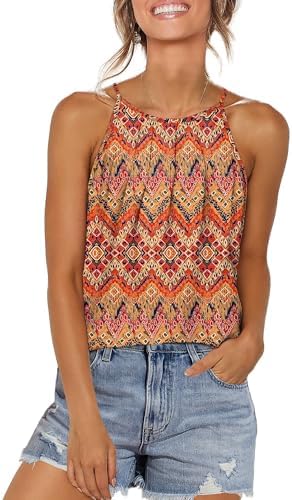 A breezy halter tank cut loose in our boho print, finished with front pleating and a curved hem that pairs easily with denim.