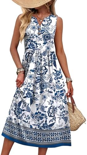 Crisp blue botanicals on a white ground give this button-up sundress a cool, classic look with deep side pockets.