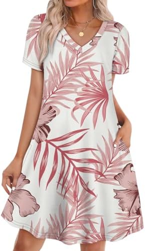 A soft pink leaf print brings tropical color to this breezy T-shirt dress, cut with deep side pockets and short sleeves.