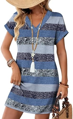 Cool blue gray stripes pattern this easy t-shirt dress, cut with cuffed sleeves and roomy side pockets.