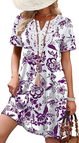Delicate lace borders the V-neckline of this purple ethnic floral midi dress, cut in a soft knit with short sleeves for warm days.