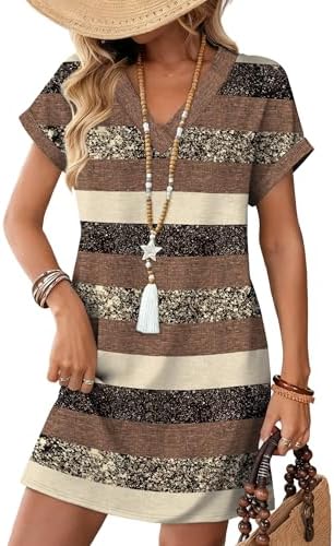 Earthy horizontal stripes run across this soft jersey dress, finished with cuffed sleeves and a neat V-neck.