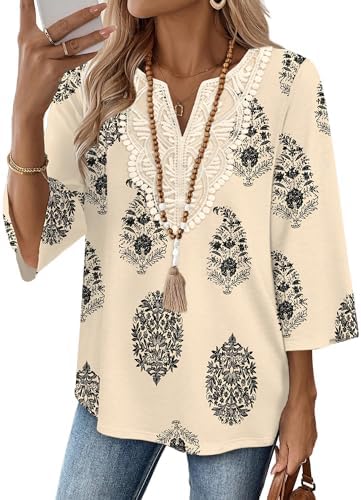Lace detailing and a warm multi apricot print combine on this soft three-quarter sleeve tunic cut with a gentle curved hem.