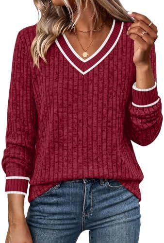 Bright red ribbed knit meets crisp white contrast edging along the open V-neckline for an easy holiday layer.