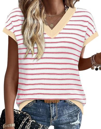 Bands of white, pink, and beige knit create a light hollow-out texture across this breezy cap-sleeve top.