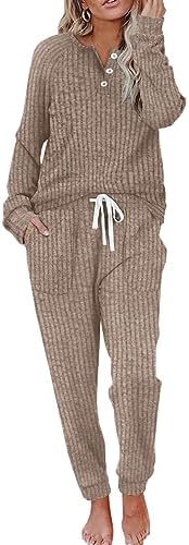 A relaxed two-piece knit set in neutral khaki, combining a button-front long sleeve top with soft drawstring joggers.