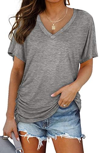 A soft heather grey knit shapes this relaxed dolman tee with subtle side shirring and a neat V-neckline.
