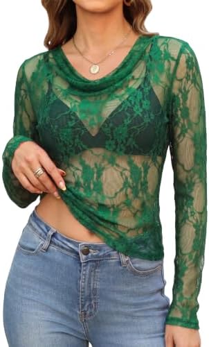 Sheer green lace gives this draped cowl neck top a rich depth that layers easily over a tonal bralette or cami.