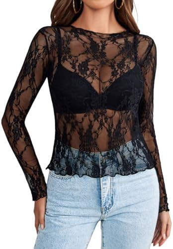 Floral embroidery across sheer black mesh gives this stretchy long sleeve top a rich, dark texture for evenings out.