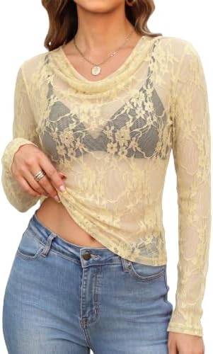 Delicate sheer lace in soft beige apricot brings an airy texture to this stretch long sleeve with a draped cowl neck.