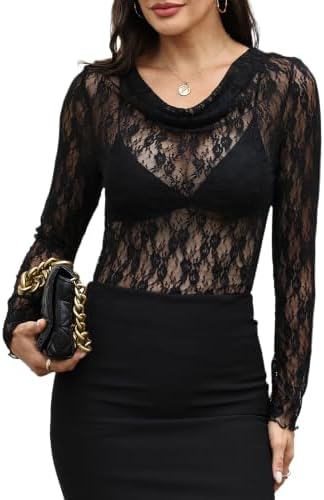 A softly draped cowl neck meets sheer black chain lace in a stretch top made for evening layers.