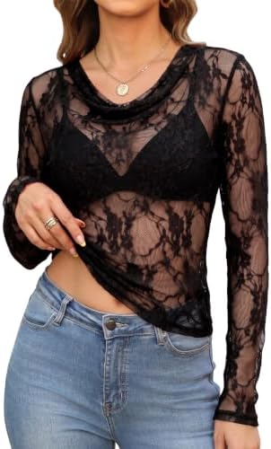 Sheer black floral lace meets a softly draped cowl neck for an easy evening top with generous stretch.