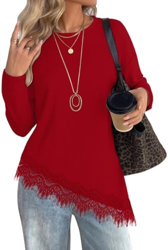 A rich red knit top finished with soft lace trim along an asymmetrical curved hem for an easy, romantic layer.