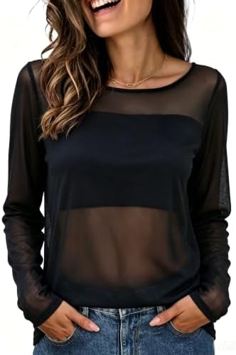 Sheer black mesh knit with a floral pattern creates an airy top you can drape straight or slip off one shoulder.