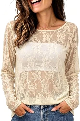 Delicate cream lace mesh gives this loose long-sleeve top a breezy, semi-sheer finish made for easy layering.