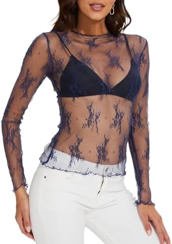 Fine sheer mesh in deep navy blue carries delicate floral embroidery across the body and long sleeves for easy evening layering.