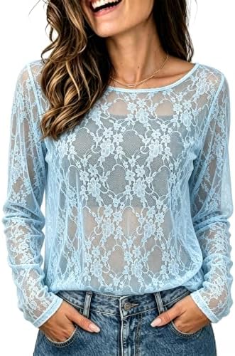 A sheer blue lace knit with a relaxed neckline that layers over neutral camisoles for a cool, airy summer top.