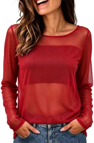 A vivid red mesh lace top cut with a sheer floral pattern and a relaxed neckline that easily pulls off one shoulder.