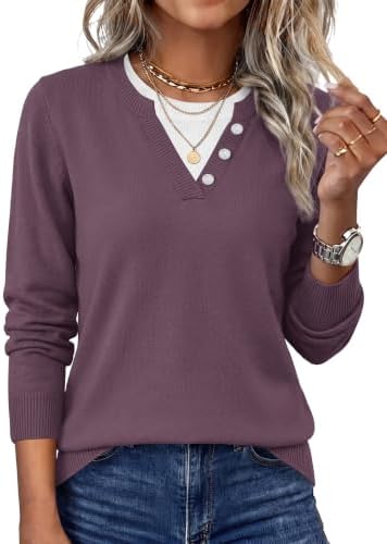 A soft faux-layered knit sweater in muted grey purple, finished with a crisp contrast collar and dropped shoulders.