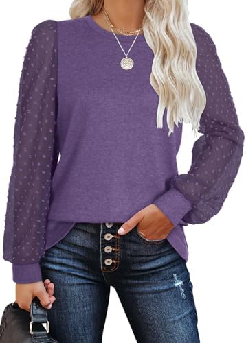 Sheer puff sleeves covered in textured swiss dots give this rich purple long sleeve top a dressier feel for evenings out.