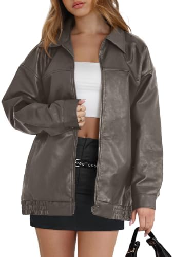Soft grey faux leather gives this roomy motorcycle bomber a lighter, modern look that layers easily over tees and dresses.