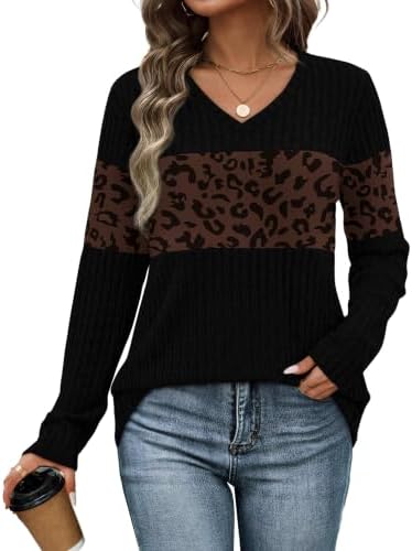 Warm leopard print panels across the chest and sleeves give this soft brown knit top an easy edge for breezy weather.