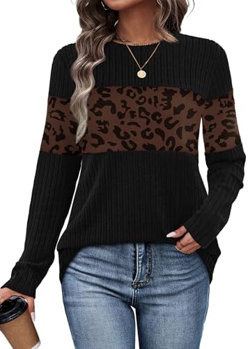 A soft knit pullover patterned with leopard print color blocking across the chest and long sleeves for cooler days.