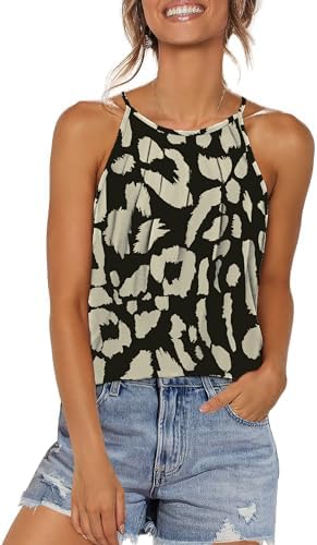 Subtle black leopard spots give this halter-neck summer tank a dressier edge with clean pleating at the chest.