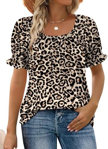 Crisp leopard print energizes this airy blouse cut with gentle ruching and comfortable smocked puff sleeves.