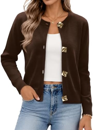 Rich chocolate brown knit adds light warmth and clean metallic detail over your favorite summer camisoles and sundresses.