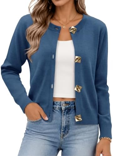 A cool blue knit with shiny metal buttons layers cleanly over summer tanks and takes the edge off chilly indoor air.