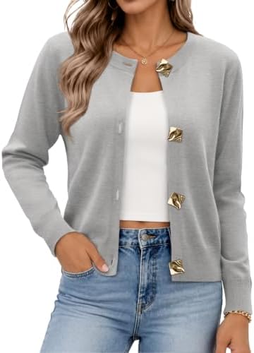 Cast in cool heather grey, this fine-gauge button cardigan layers over summer tanks when the air conditioning turns sharp.