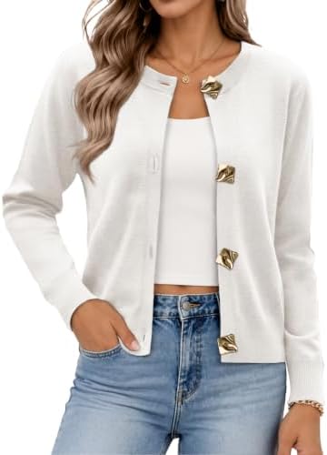 Bright metal buttons stand out against crisp white knit on this lightweight cardigan you can wear open or buttoned through the seasons.