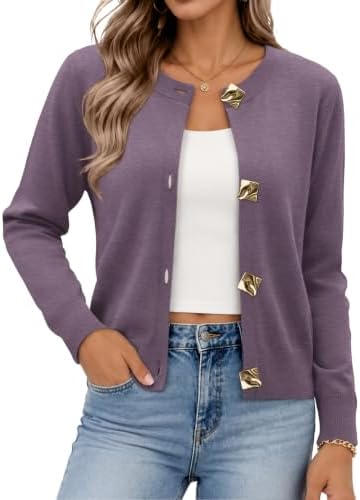 A muted grey purple knit with distinctive metal buttons layers over warm weather tanks when the evening breeze picks up.