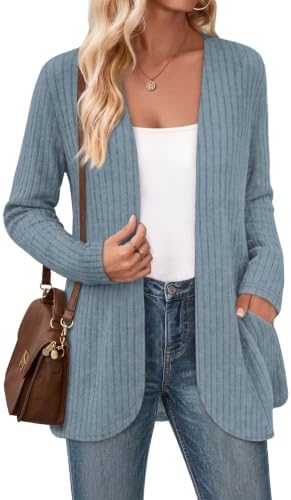 A softly brushed blue knit cardigan with an open front and side pockets, cut to hit right at the hip for breezy days.